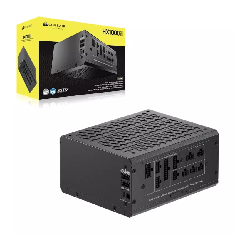 Fonte de alimentação CORSAIR HX1000i 1000 W, 24-Pin ATX, 80 PLUS Platinum, ventoinha de 140 mm, ATX preto