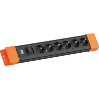 Régua de tomadas Bachmann CONNECTUS com 6 tomadas CEE7/3, 1 interruptor, cabo de 2,0 m, ficha CEE7/7, preto/laranja