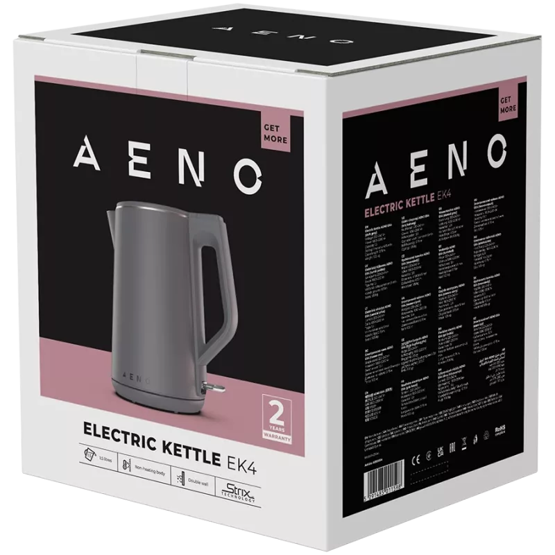 Chaleira elétrica AENO EK4: 1850-2200W, 1,5L, Strix, parede dupla, exterior frio, desligamento automático, proteção contra funcionamento a seco