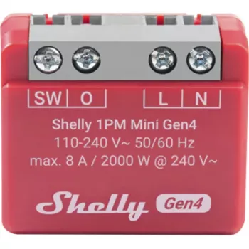 Interruptor inteligente Shelly 1PM Mini Gen4, sem fios 110–240 V AC, máx. 8 A / 2000 W, caixa de plástico 34×16×29 mm