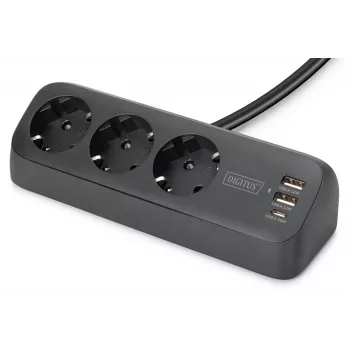 Extensão elétrica DIGITUS 3 tomadas com 2×USB-A & 1×USB-C, 3 tomadas AC Type E/F, cabo de 1,5 m, preto
