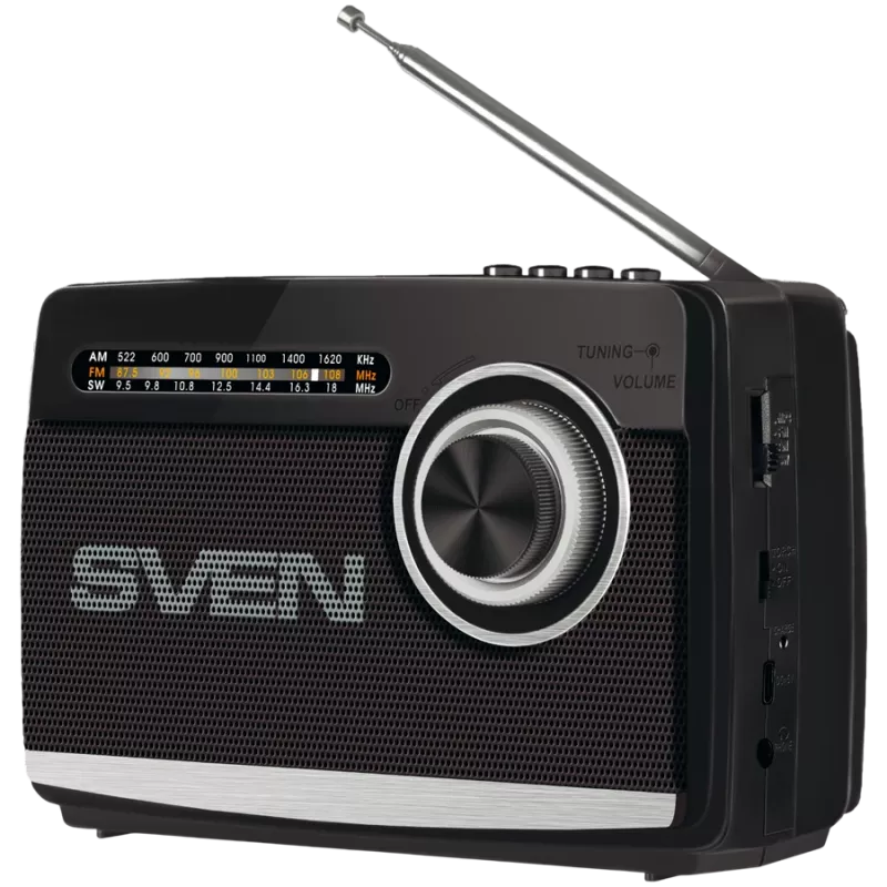 Altifalante SVEN SRP-155, preto (3W, Bluetooth, FM/AM/SW, USB, microSD, lanterna, bateria)