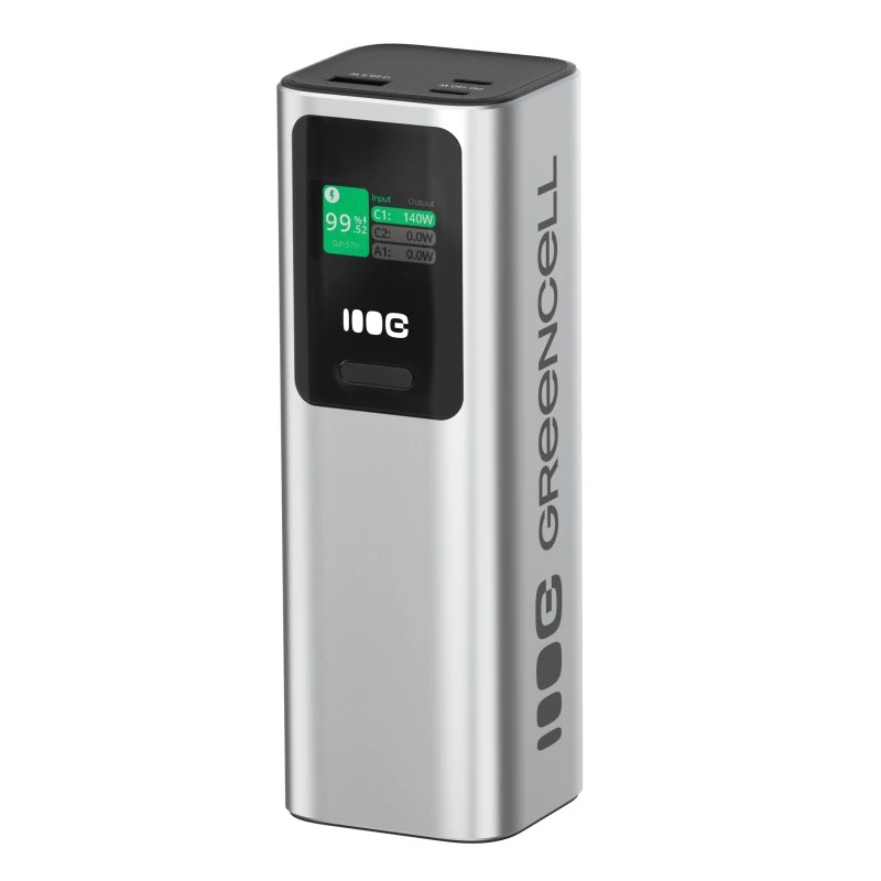 Bateria portátil Green Cell PBGC25UD, 25200 mAh, Li-Ion, 140 W de potência total, 2× USB-C + 1× USB-A, ecrã OLED, caixa em alumínio