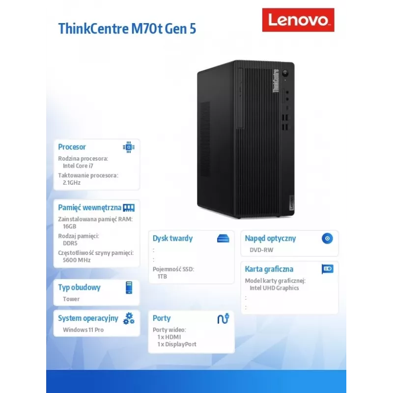Computador ThinkCentre M70t G5 i7-14700 16GB 1TB INT DVD W11Pro