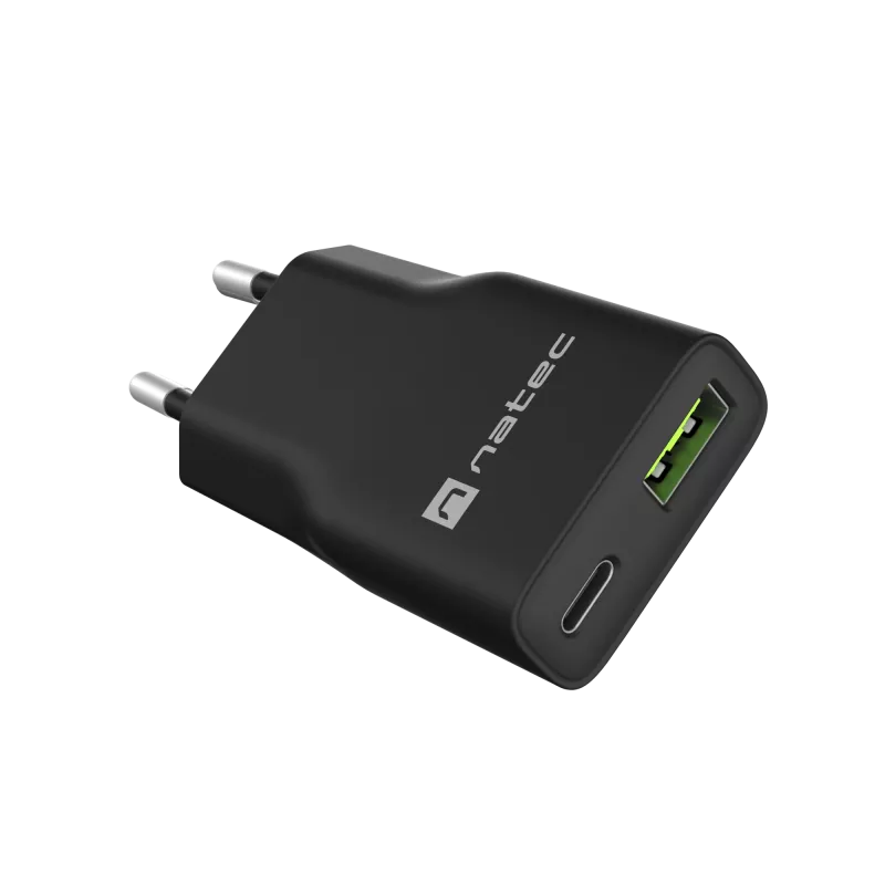 Fonte de alimentação NATEC Ribera NUC-2377 — 1×USB-A, 1×USB-C, saída de 3 A