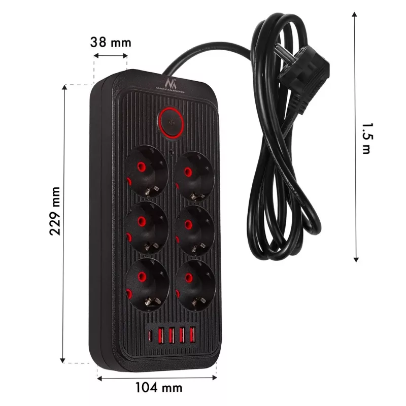 Extensão elétrica MACLEAN MCE389 B — 6 tomadas, 4×USB-A + 1×USB-C, 110–240V, 2,1A, 2500W, cabo de 1,5 m, preto