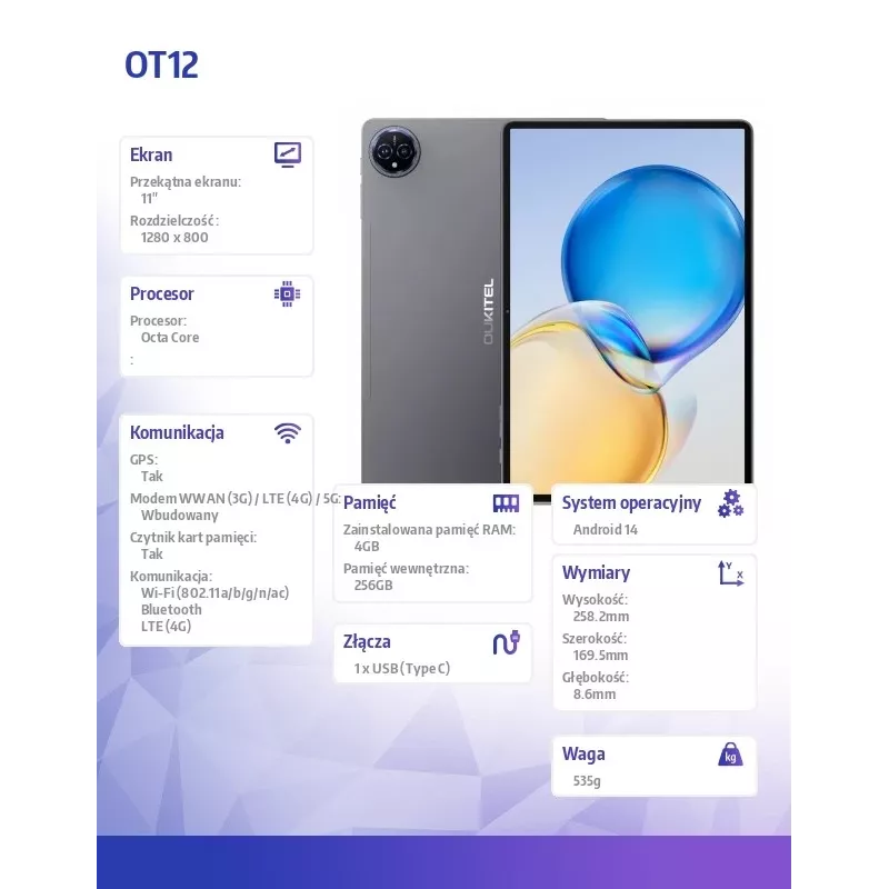 Tablet OT12 4G 11 4/256GB Cinzento elegante e potente