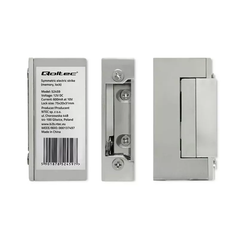 Fechadura eletromagnética QOLTEC 52459 12V simétrica com memória e bloqueio