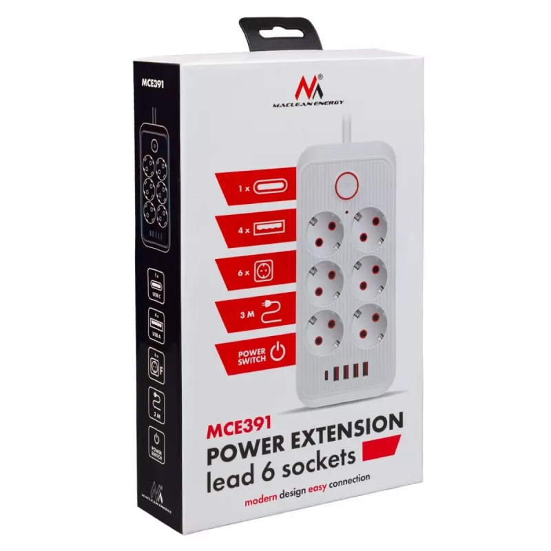 Régua de tomadas MACLEAN MCE391 W — 6 tomadas, 4×USB-A + 1×USB-C, cabo de 3 m, 110–240 V, 2500 W, branco
