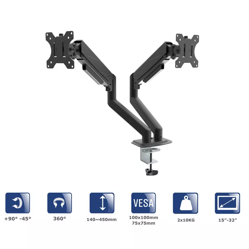 Suporte de mesa para dois monitores Akyga AK-MB-06 com molas a gás, 15-32