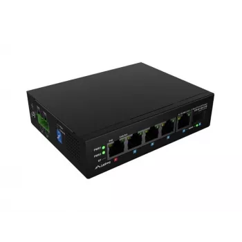 Switch de rede LANBERG ILFE-4P-1GE-1S-90 – Light-Industrial PoE não gerido, 4 portas (PoE), 1×GigE, 1×SFP, montagem em calha DIN