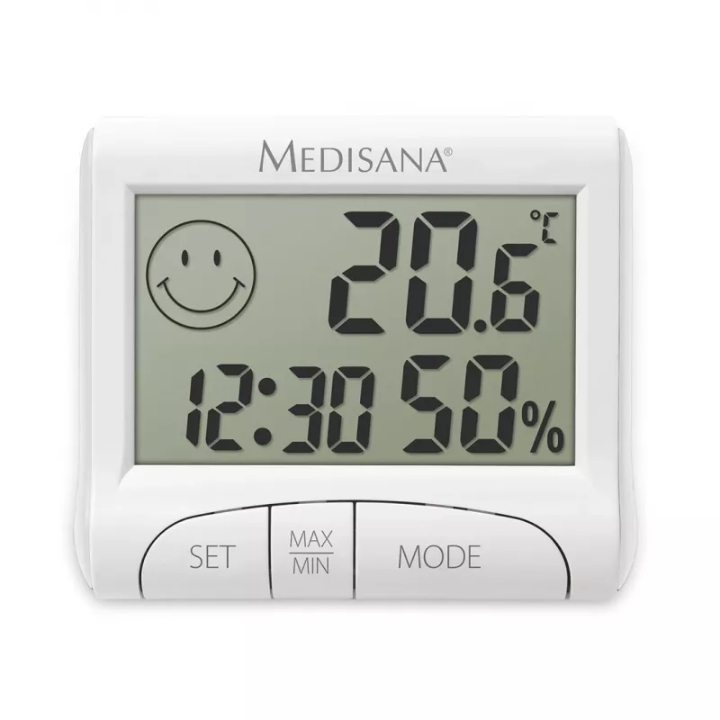 Higrómetro interior eletrónico Medisana HG 100 — termómetro digital, humidade do ar 20–90 %, temp. -10–50 °C, ecrã de mesa, pilha AAA