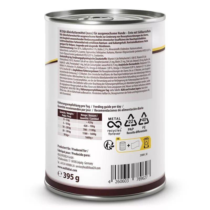WOLFSBLUT VetLine Gastrointestinal Duck - Alimento húmido para cães - 395g