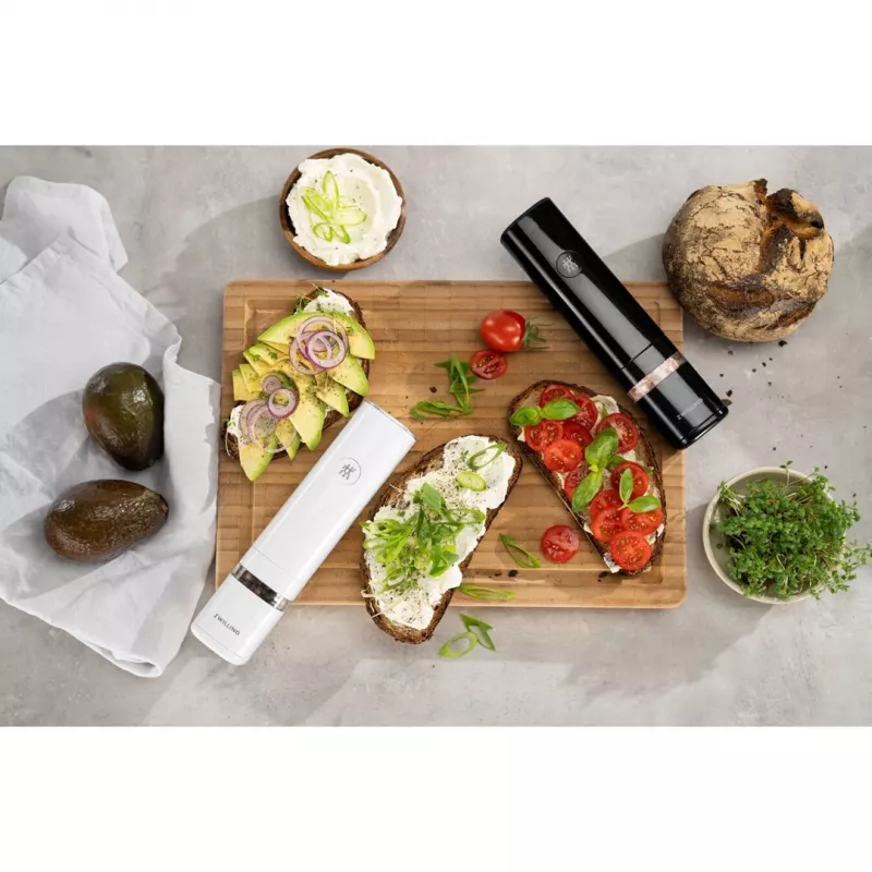 Conjunto de moinhos de sal e pimenta ZWILLING Enfinigy elétricos, mecanismos de cerâmica, branco e preto, a pilhas, moagem ajustável