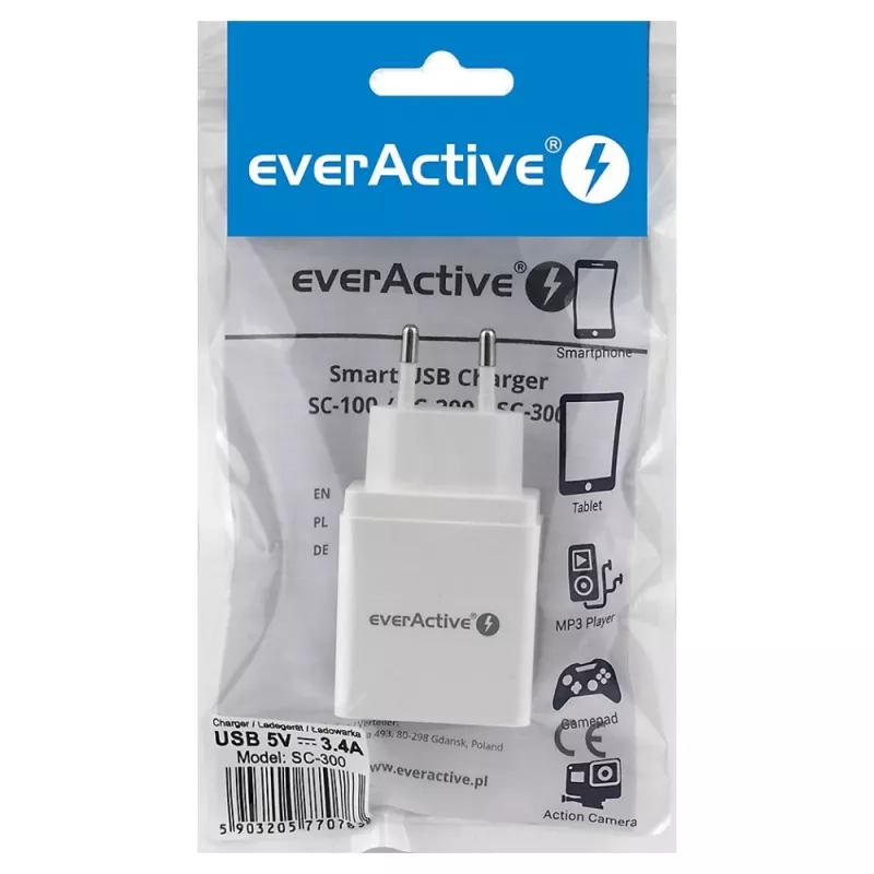 everActive SC-300 carregador de rede para telemóvel 3x USB 3,4A, branco