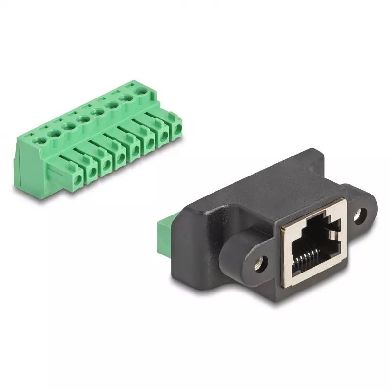 Delock adaptador de ligação RJ45 fêmea para bloco de terminais, 8 pinos, 2 peças, preto/verde (66589)