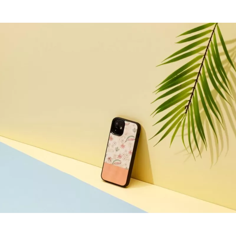 Capa protetora Man and Wood para iPhone 12 mini — flor rosa sobre preto