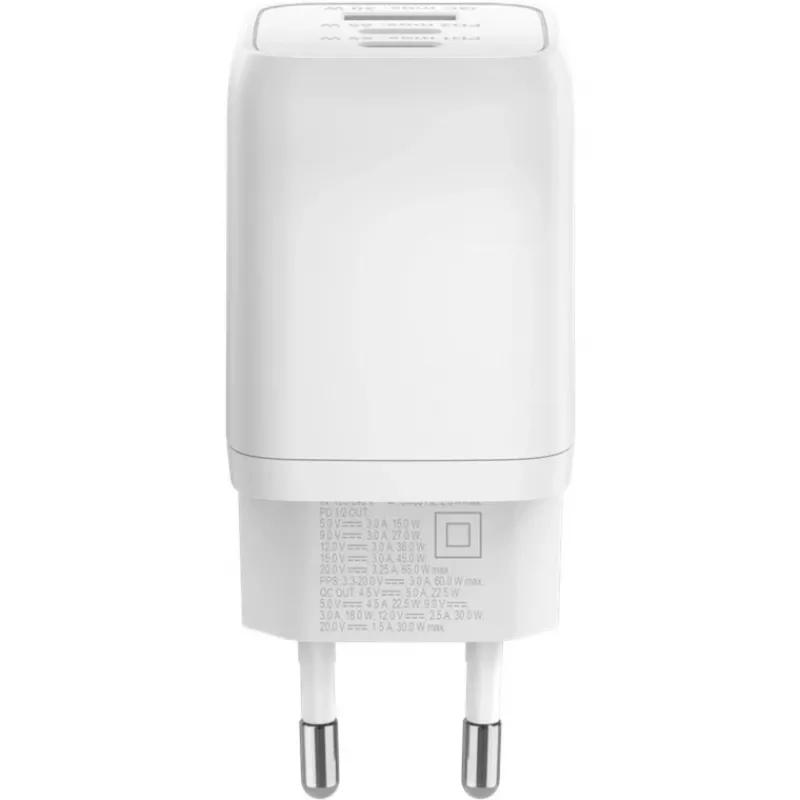 Carregador rápido USB-C Nano, PD, GaN, 65 Watt (branco, 1x USB-A, 2x USB-C PD, Charge 3.0)