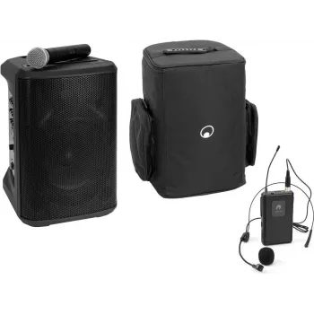 Sistema PA portátil sem fios Omnitronic PORTY-8A com emissor de cabeça e bolsa de transporte
