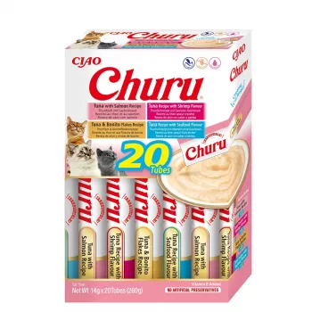 Snacks húmidos para gatos INABA Churu caixa sortida de marisco — 20 x 14 g tubos, pasta de peixe, sem cereais, sem açúcar e sem glúten