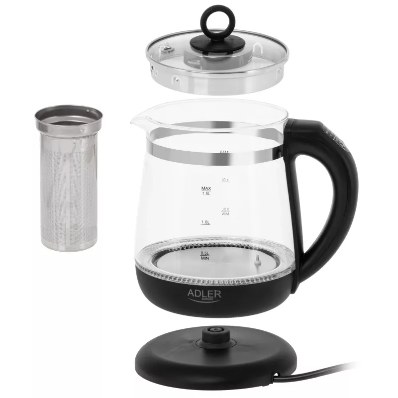 Chaleira elétrica Adler | AD 1299 | elétrica | 2200 W | 1,5 L | vidro | base rotativa 360° | preta