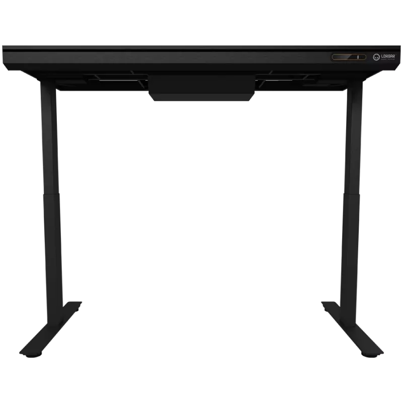 Secretária gaming de altura ajustável com dois motores, função sentado/em pé, carregador sem fios, iluminação RGB, painel de controlo e portas USB, tampo em vidro temperado, preto