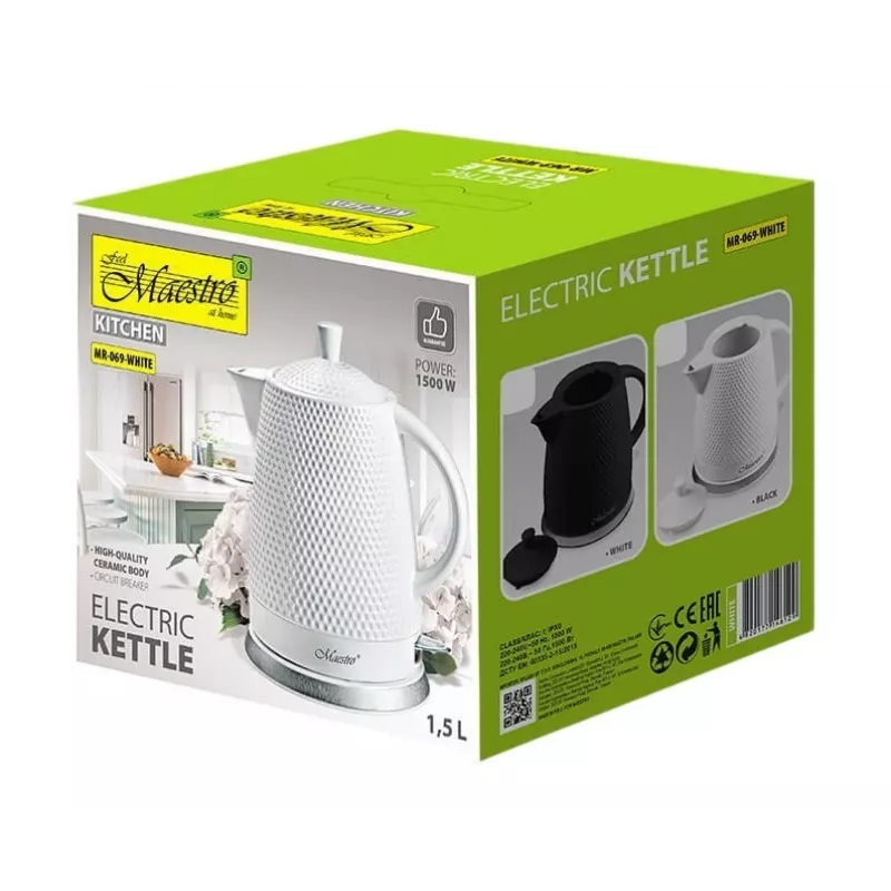 Maestro MR-069-WHITE Chaleira elétrica de cerâmica, 1,5 L, 1500 W, branco