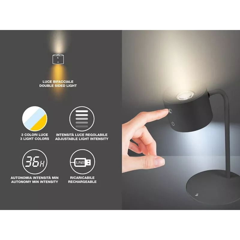 Beper P201UTP304 candeeiro LED recarregável com base magnética, mola e suporte de parede, 2,3 W, regulável, preto