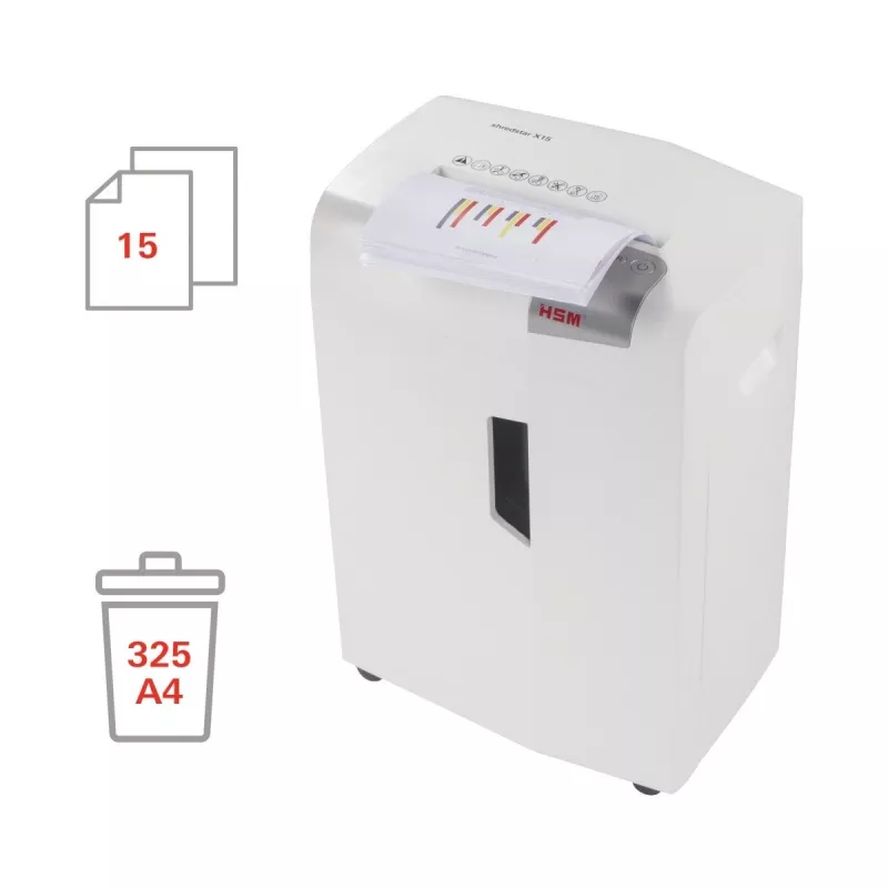 HSM shredstar X15 1030121 destruidora de papel, corte em partículas 4x37 mm, P-4, 15 folhas, largura de entrada 230 mm, cesto de 26 l, CD/cartões de crédito