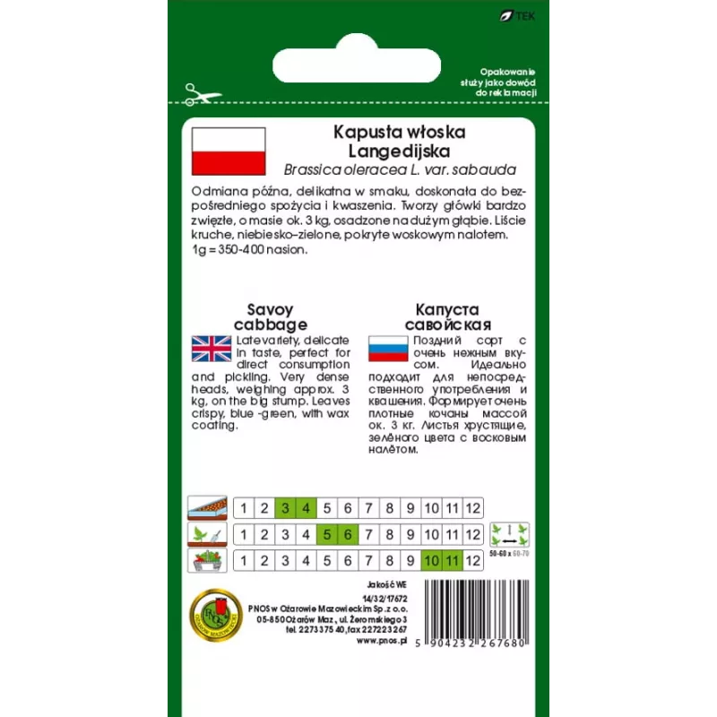 PNOS couve-de-saboia Langedijska sementes de hortícolas, 2 g