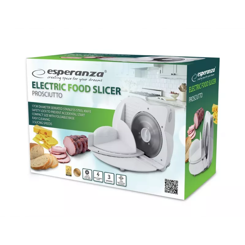 Máquina de cortar fiambre elétrica ESPERANZA EKM017W — 150 W, lâmina de aço inoxidável de 17 cm, espessura máxima de corte 15 mm, cor aço inoxidável, caixa em plástico