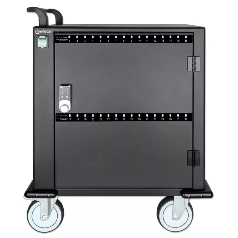 Carrinho de carregamento/trolley Manhattan 32 vias via USB-C para iPad até 13 polegadas, MacBook Air até 13 polegadas e Chromebook até 14 polegadas, também outros tablets/smartphones (com cabo dispositivo-para-USB-C), compartimentos 330x22x235 mm, cabo de carregamento do dispositivo não incluído (recomendado cabo USB-C 35