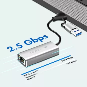 Adaptador USB-A/-C para Ethernet 2,5G, cinzento