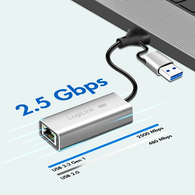 Adaptador USB-A/-C para Ethernet 2,5G, cinzento
