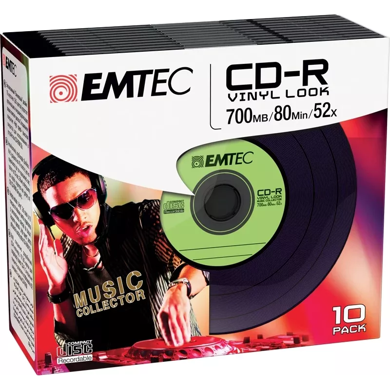 EMTEC Vinyl Look - 10 x CD-R - 700 MB (80 Min) 52x - azul, amarelo, lilás, verde, rosa - Slim Jewel Case