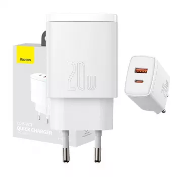 Carregador de parede Baseus Compact 1x USB-A + 1x USB-C 3A, adaptador de viagem compacto