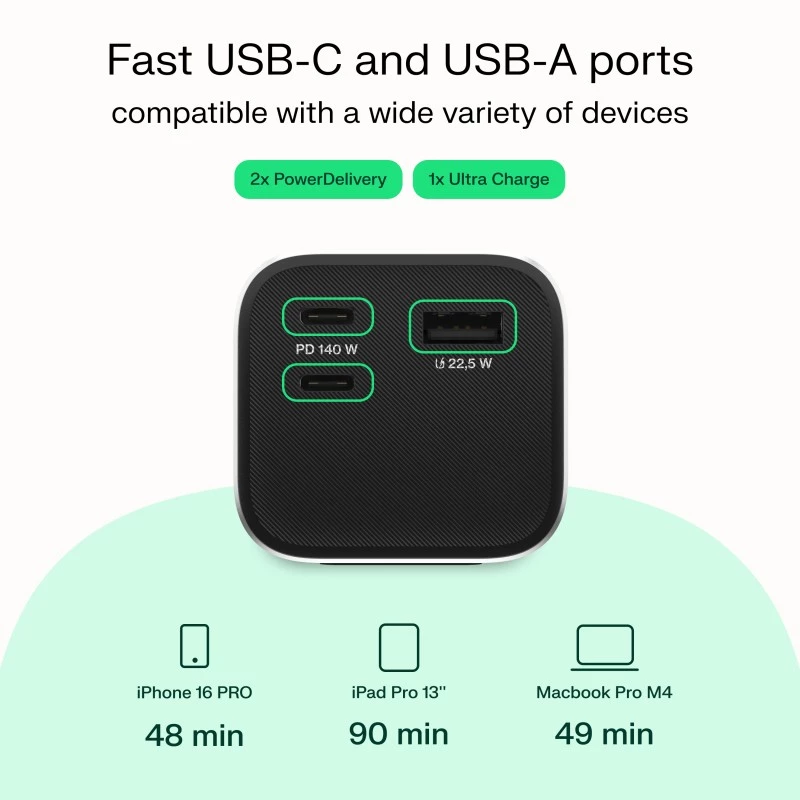 Bateria portátil Green Cell PBGC25UD, 25200 mAh, Li-Ion, 140 W de potência total, 2× USB-C + 1× USB-A, ecrã OLED, caixa em alumínio