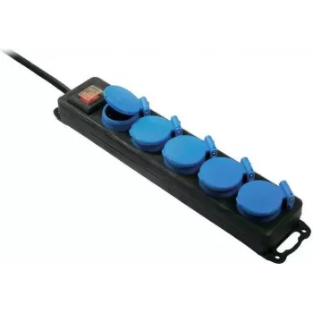 Régua de tomadas AS Schwabe 38609 — 5 tomadas, preto/azul, com interruptor