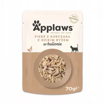 Alimento húmido para gatos Applaws Peito de Frango com Arroz Selvagem em Caldo 70 g saqueta, gatos adultos, 16% proteína, 80% humidade