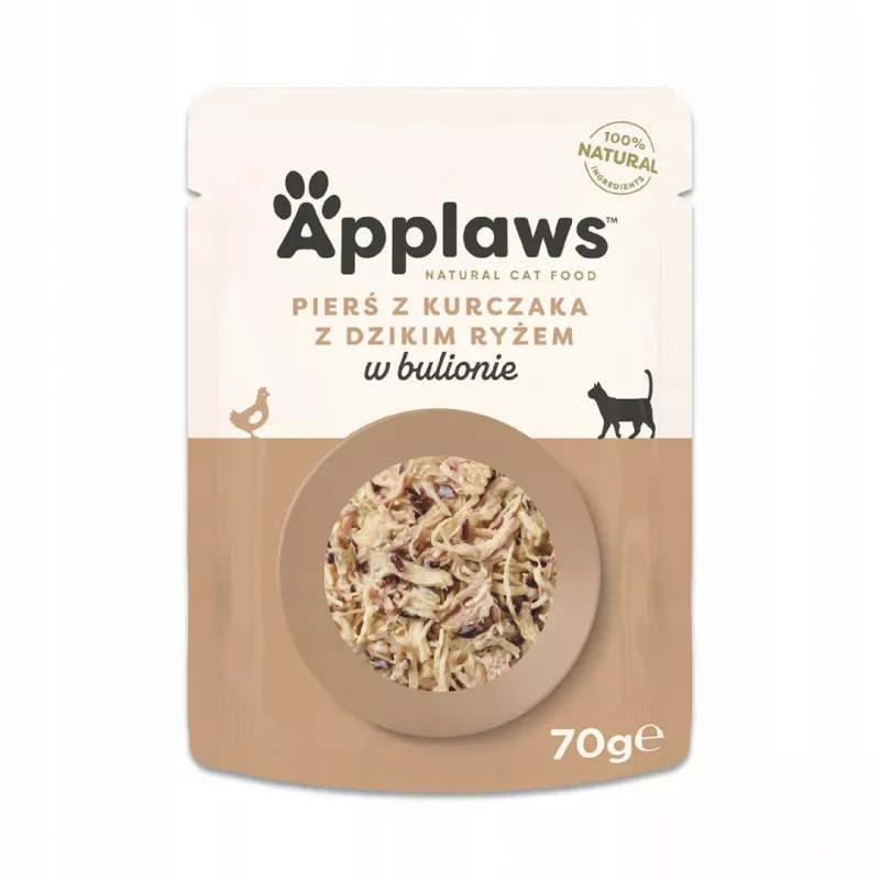 Alimento húmido para gatos Applaws Peito de Frango com Arroz Selvagem em Caldo 70 g saqueta, gatos adultos, 16% proteína, 80% humidade