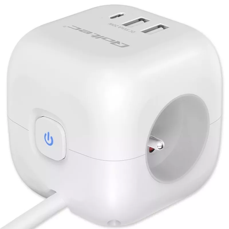 Power Cube QOLTEC 52547 Régua de tomadas 3×tomadas AC, 2×USB-A, 1×USB-C PD 20W