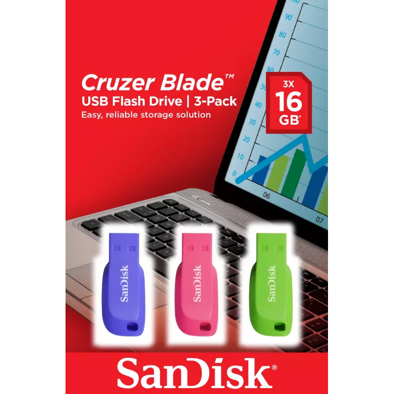 SanDisk Cruzer Blade pen USB 2.0 de 16 GB (3 un.), azul/verde/rosa