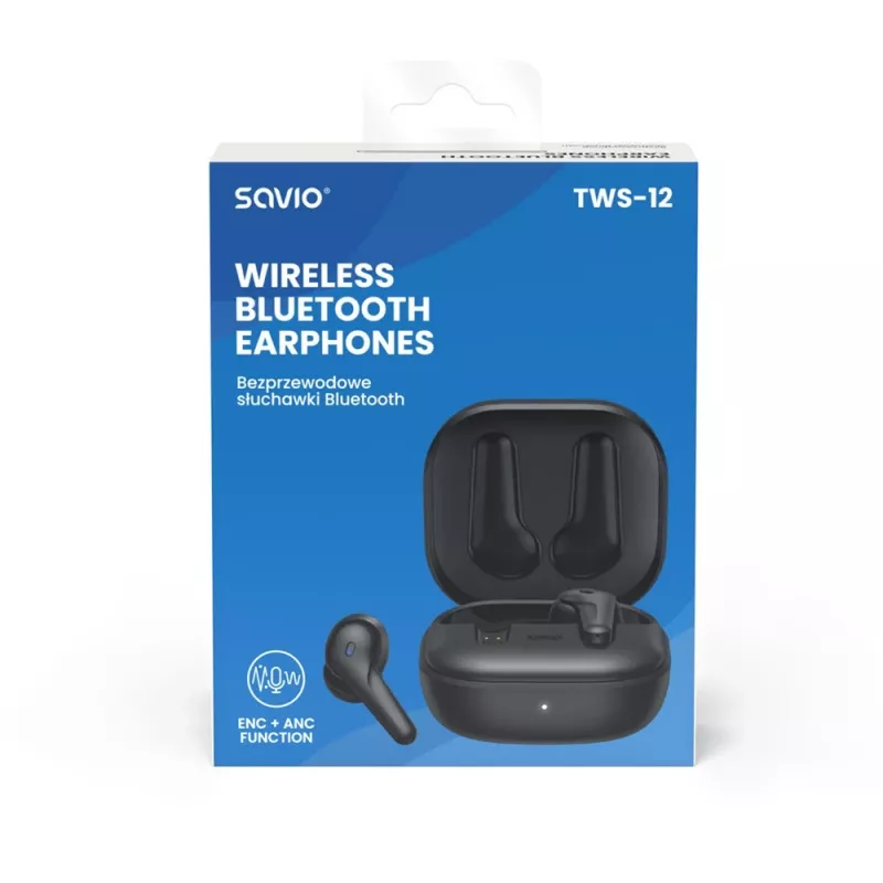 Headset in-ear TWS SAVIO TWS-12, Bluetooth 5.3, microfone integrado, preto