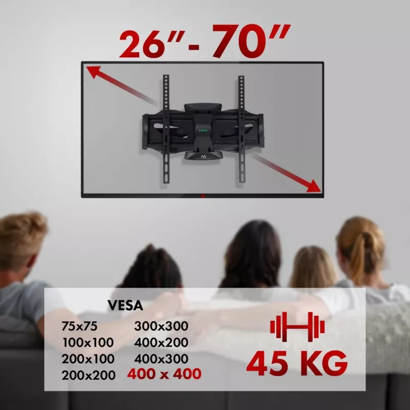 Suporte de TV de parede MACLEAN MC-781 para ecrãs de 66–177,8 cm (26–70 polegadas), inclinável -12–2°, VESA 100x100–400x400, carga máx. 45 kg, preto