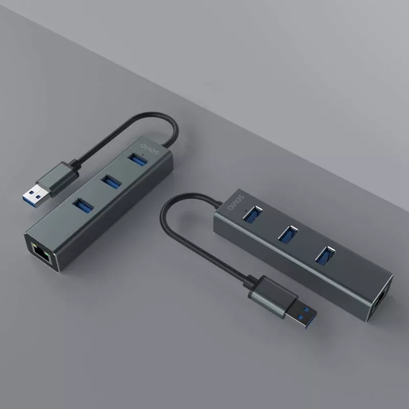 Hub USB-A SAVIO com RJ-45 Gigabit Ethernet AK-57 — 3× USB-A + RJ-45, USB 3.2 Gen 1 Micro‑B host, 5 Gbit/s, 4 portas, cinzento