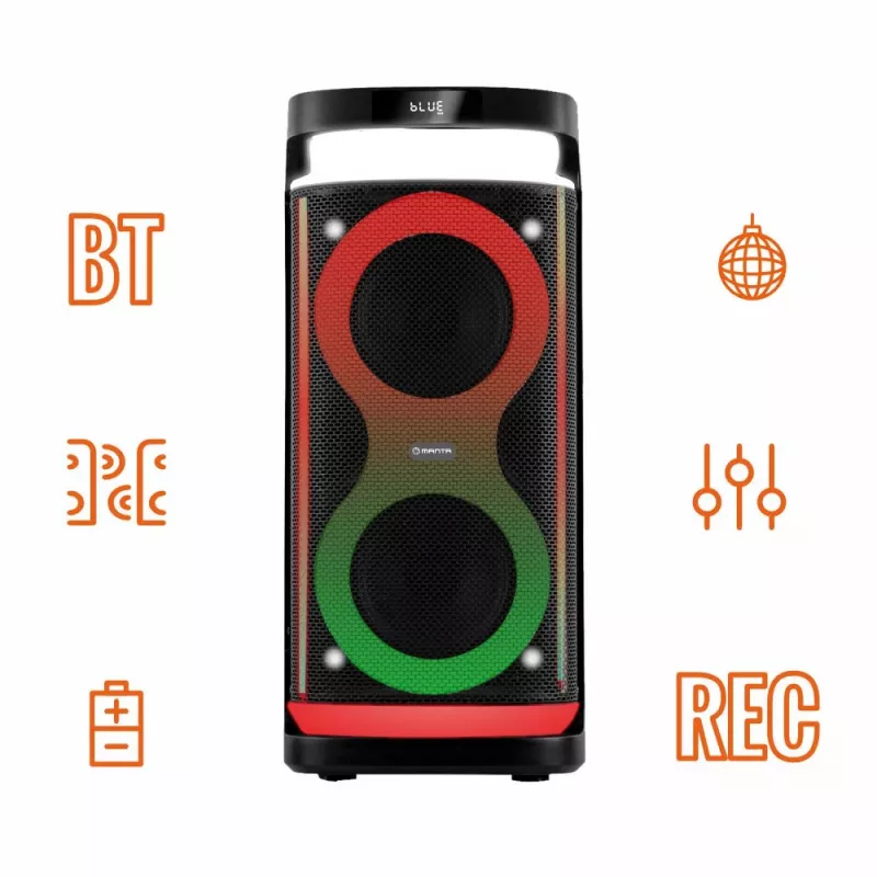 Altifalante portátil MANTA SPK0601B100, 100 W, Bluetooth, karaoke, microfone sem fios, bateria, equalizador, iluminação disco