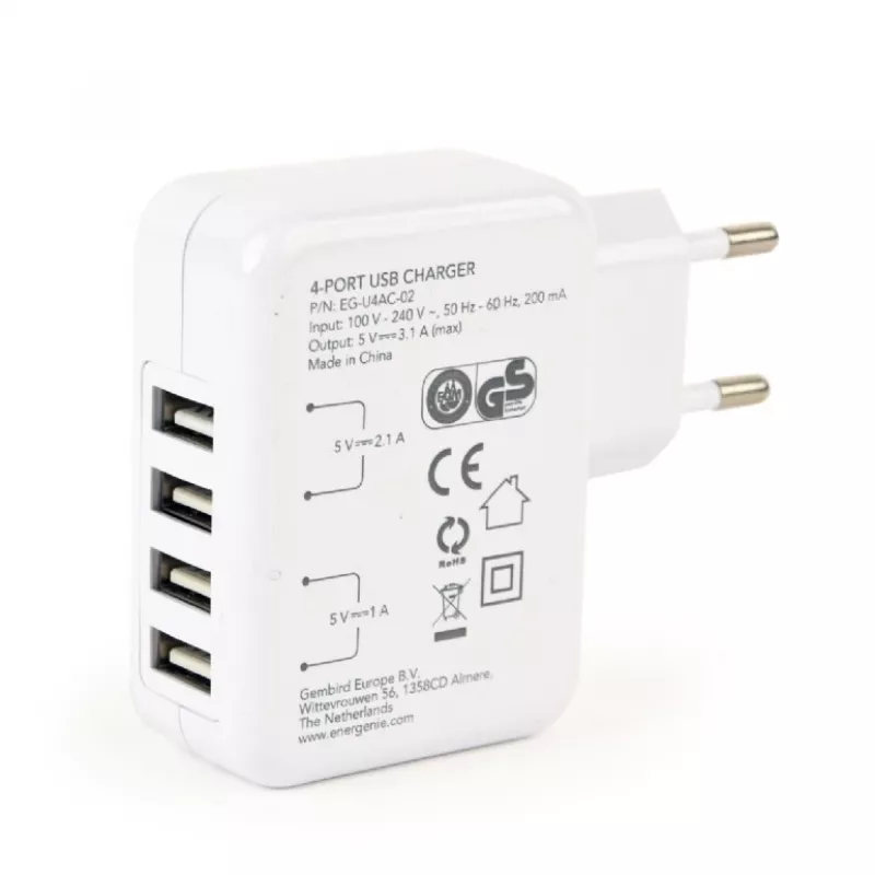 Carregador USB universal branco/4 portas EG-U4AC-02 GEMBIRD