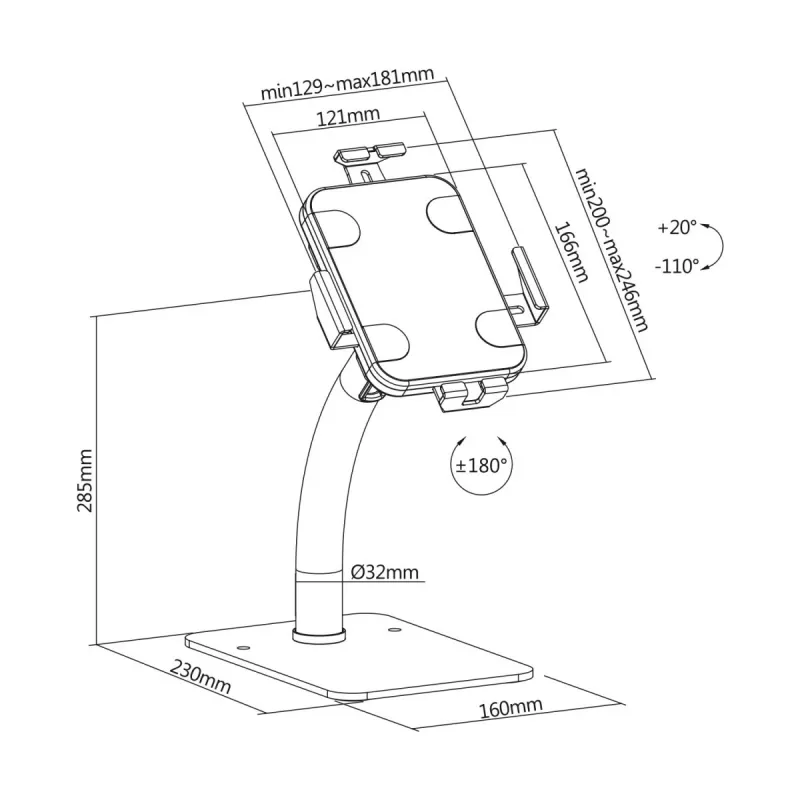 Suporte de secretária/parede para tablet MACLEAN MC-468W, branco, para tablets de 7,9–11 polegadas, conjunto de fixação e montagem, inclinação ajustável