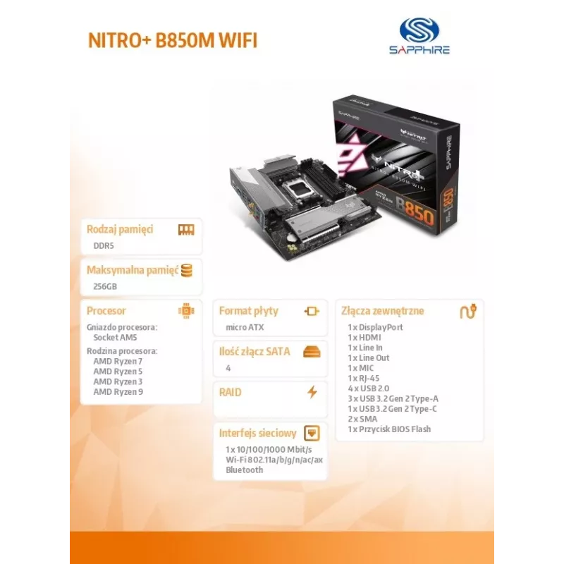 Placa-mãe Sapphire NITRO+ B850M WIFI — AMD B850, socket AM5, micro ATX, DDR5, 4x DIMM, Wi-Fi 6, LAN 2,5Gb, 2x M.2
