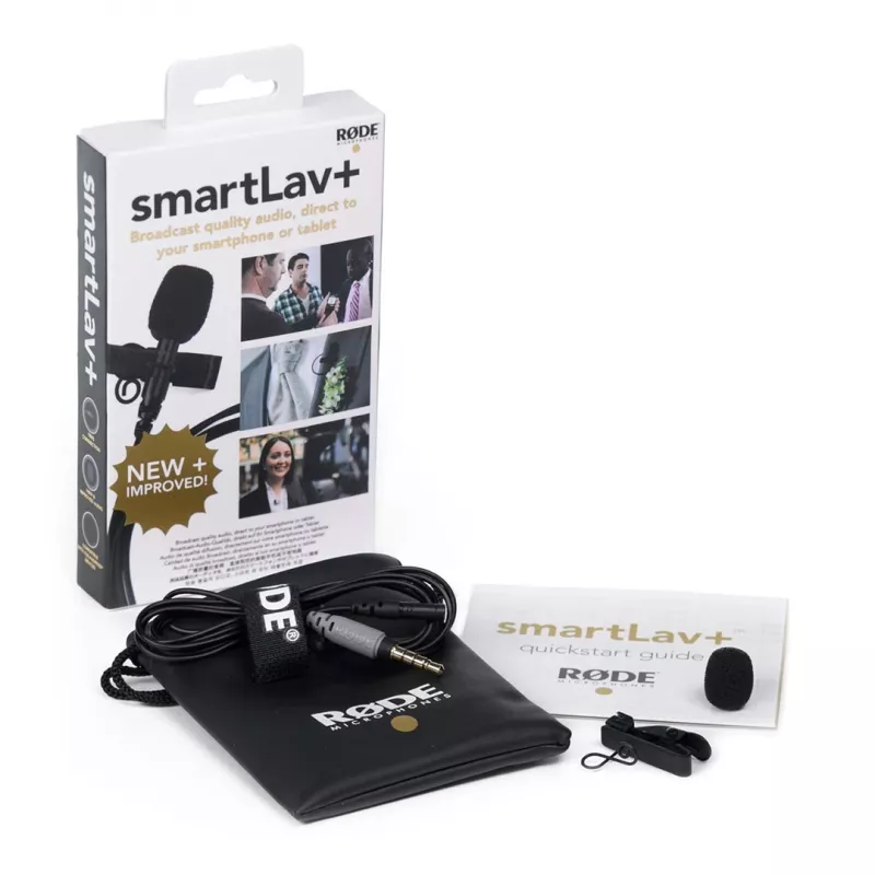 Microfone lavalier RØDE smartLav+ — com fios, omnidirecional, 3,5 mm, 20–20.000 Hz, sensibilidade -35 dB, 2 unid., estojo de transporte